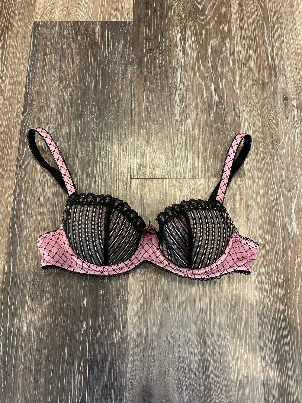 pink and black vintage coquette/goth push up bra